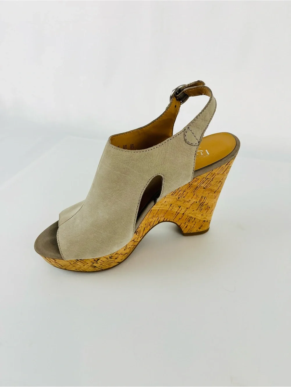 Franco Sarto Gabriel Peep Toe Suede Leather Wedge Sandal Taupe Gray Tan Size 8.5